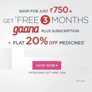 ShoppingMantraS.com sharing offer for you. In this NetMeds Offer-Order Medicines and Get Free 3 Months Gaana Plus Subscription for FREE.